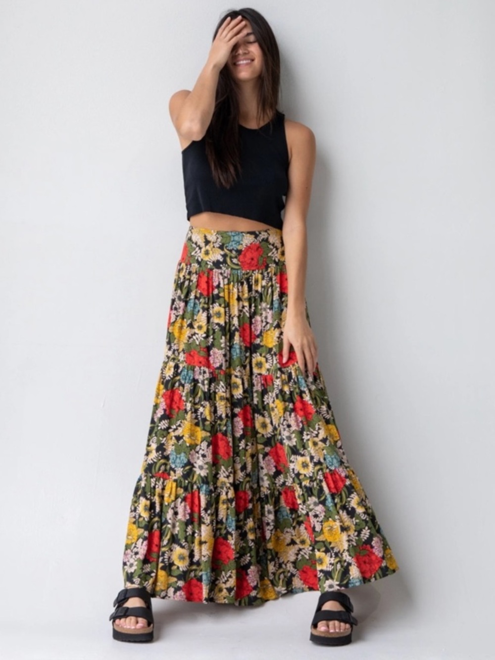 NATURAL LIFE Black Maxi Skirt with Red, Yellow & Green Floral Print